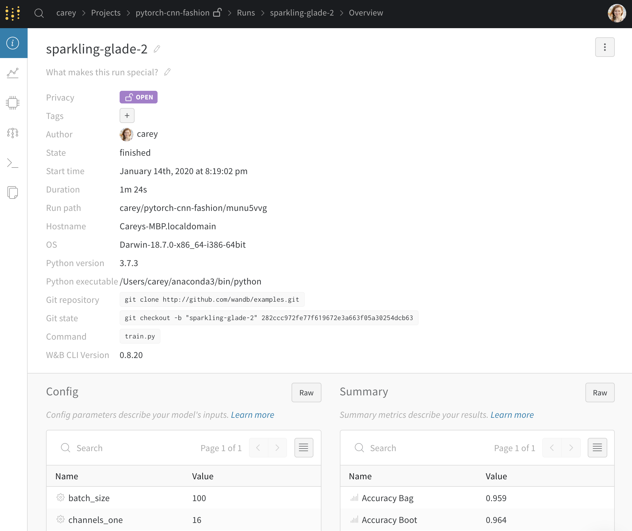 W&B 대시보드 run overview 탭